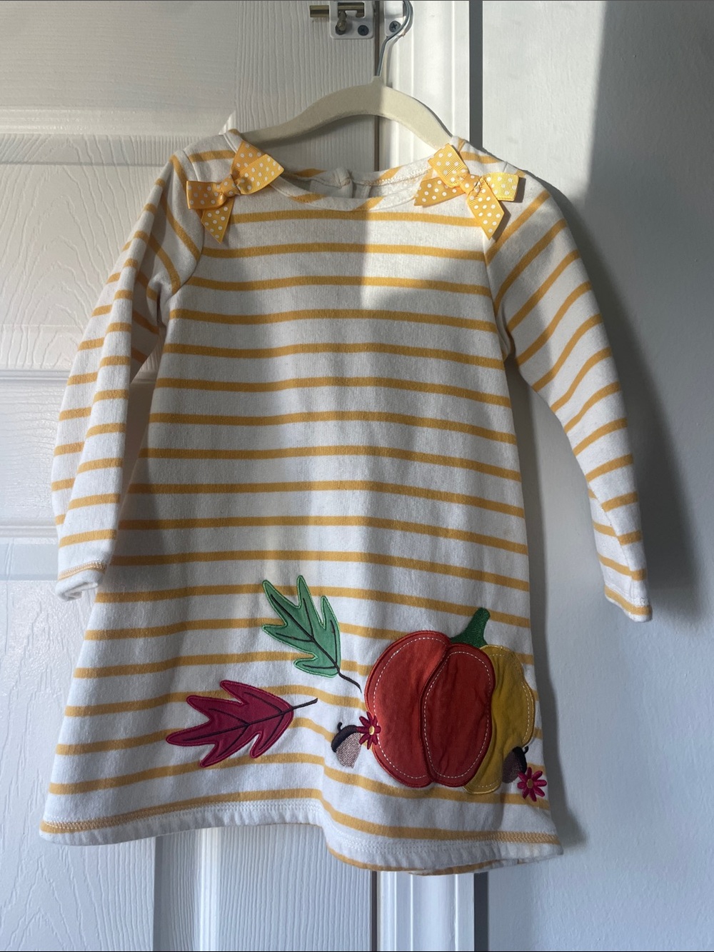 Good Lad Yellow and White Striped Dress with Pumpkin Appliqué